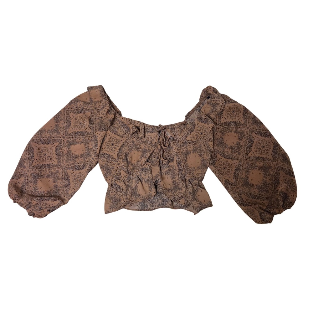 Papaya Brown Paisley Ruffle Tie Front Crop Top Size S Whimsigoth Retro Hippie - Picture 5 of 7